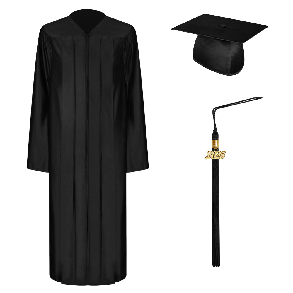 Shiny Black Elementary School Graduation Cap, Gown & Tassel