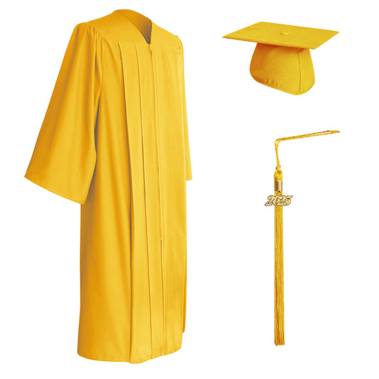 Matte Gold College and University Graduation Cap, Gown & Tassel