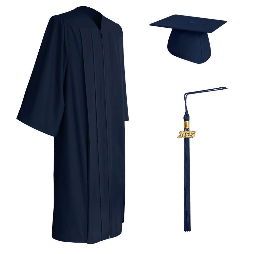 Matte Navy Blue College and University Graduation Cap, Gown & Tassel