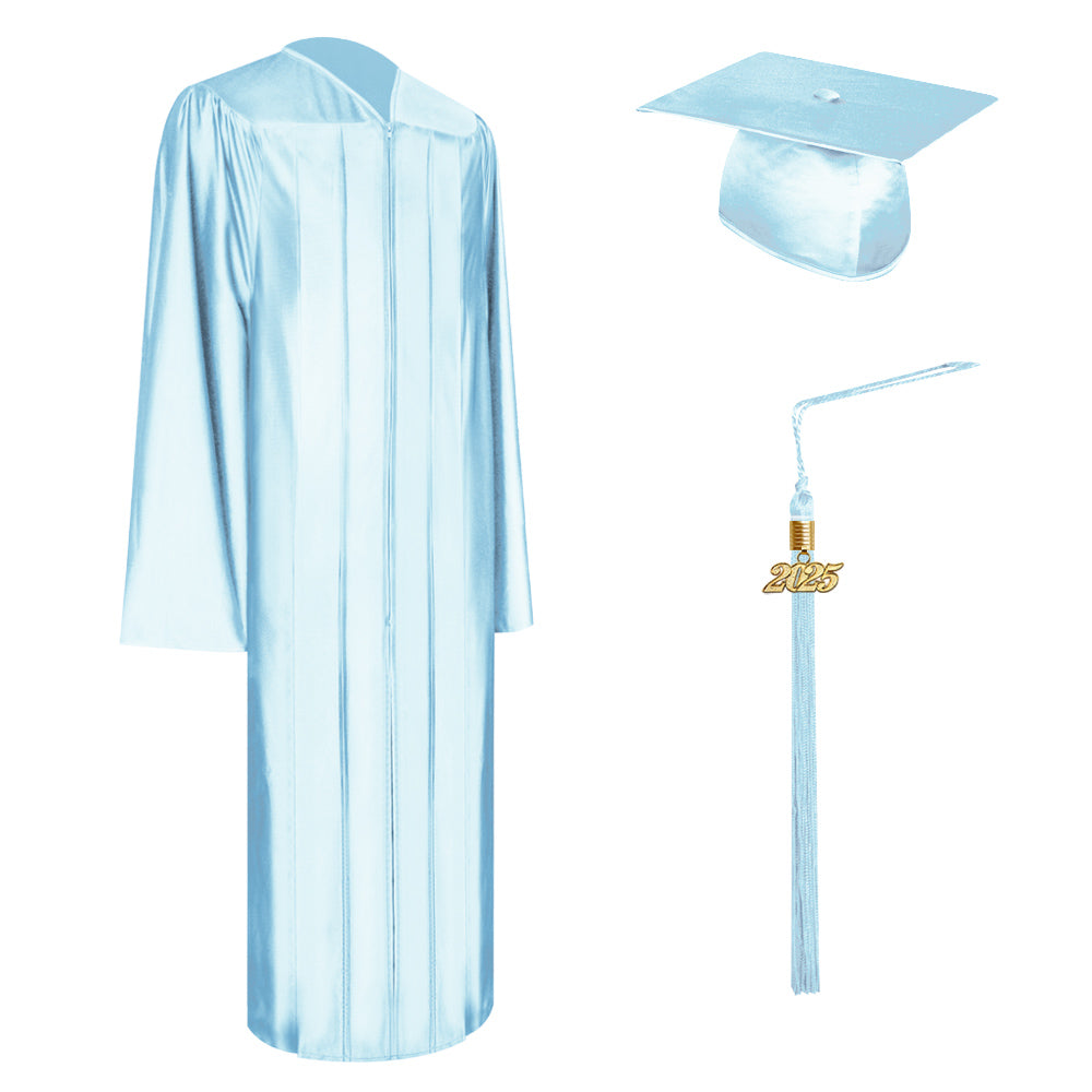 Shiny Light Blue Bachelor Graduation Cap, Gown & Tassel