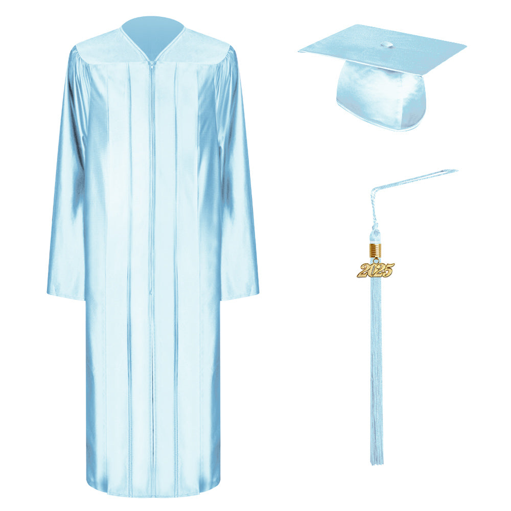 Shiny Light Blue Bachelor Graduation Cap, Gown & Tassel