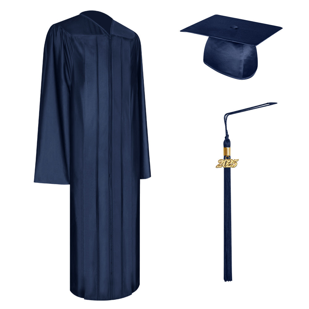 Shiny Navy Blue College and University Graduation Cap, Gown & Tassel