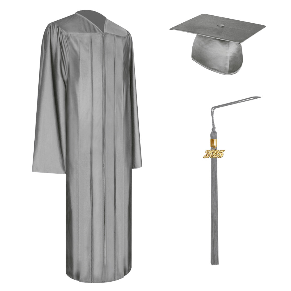 Shiny Silver Bachelor Graduation Cap, Gown & Tassel